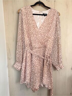 Express Blush Pink Printed Long Sleeve Wrap Romper